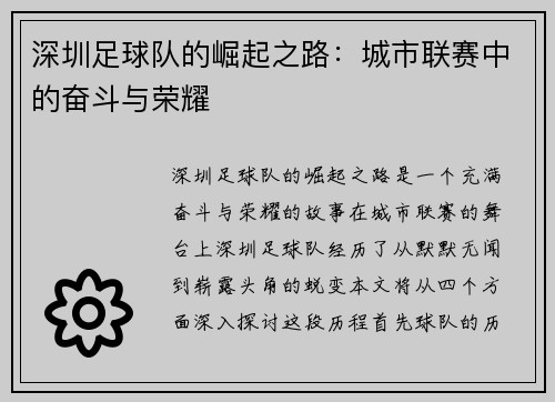 深圳足球队的崛起之路：城市联赛中的奋斗与荣耀